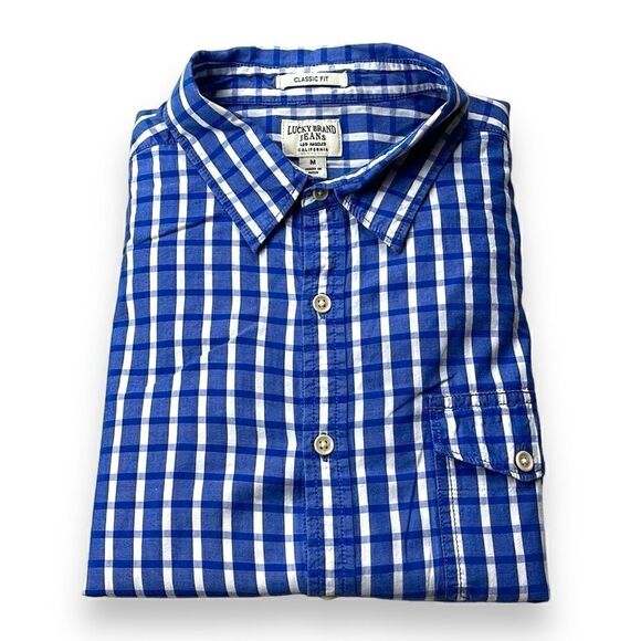 Lucky Brand Shirt Mens Medium M Blue Gingham Classic Long Sleeve Button Down - Picture 1 of 10